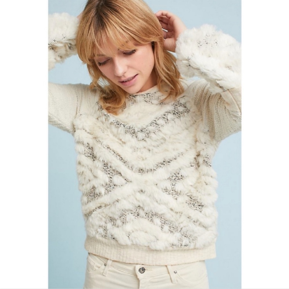 Anthropologie Amadi Faux Fur Calista Textured Knit Cream Sweater